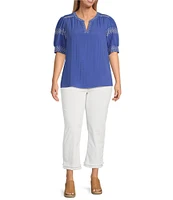 Ali Miles Plus Size Embroidered Split V-Neck Elbow Sleeve Tunic