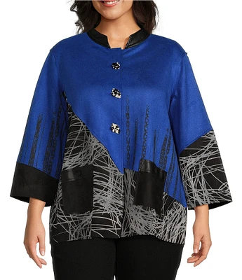 Ali Miles Plus Size Faux Suede Knit Placement Print Stand Collar 3/4 Sleeve Jacket