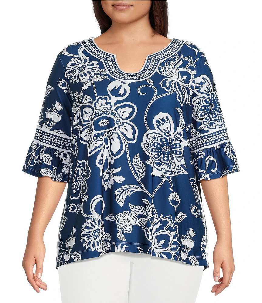 Ali Miles Plus Size Floral U-Shaped Neck Elbow Sleeve Tunic