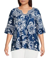 Ali Miles Plus Size Floral U-Shaped Neck Elbow Sleeve Tunic