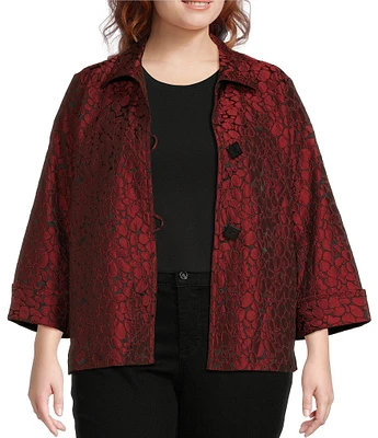 Ali Miles Plus Size Jacquard Textured Printed Woven Point Collar 3/4 Sleeve Button Front Jacket