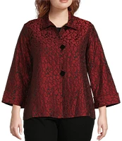 Ali Miles Plus Size Jacquard Textured Printed Woven Point Collar 3/4 Sleeve Button Front Jacket