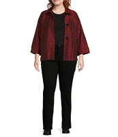 Ali Miles Plus Size Jacquard Textured Printed Woven Point Collar 3/4 Sleeve Button Front Jacket