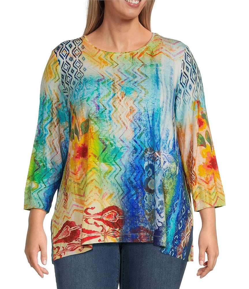 Ali Miles Plus Size Knit Abstract Print Boat Neck 3/4 Sleeve Top