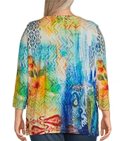 Ali Miles Plus Size Knit Abstract Print Boat Neck 3/4 Sleeve Top