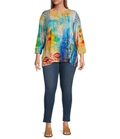 Ali Miles Plus Size Knit Abstract Print Boat Neck 3/4 Sleeve Top