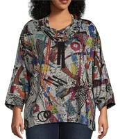 Ali Miles Plus Size Knit Abstract Print Cowl Neck 3/4 Sleeve Front Pouch Pocket Popover Tunic