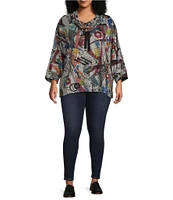 Ali Miles Plus Size Knit Abstract Print Cowl Neck 3/4 Sleeve Front Pouch Pocket Popover Tunic