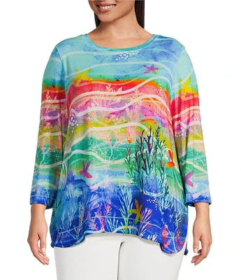 Ali Miles Plus Size Knit Aquatic Style Print Round Neck 3/4 Sleeve Tunic