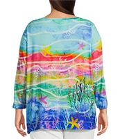 Ali Miles Plus Size Knit Aquatic Style Print Round Neck 3/4 Sleeve Tunic