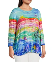 Ali Miles Plus Size Knit Aquatic Style Print Round Neck 3/4 Sleeve Tunic