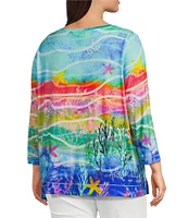 Ali Miles Plus Size Knit Aquatic Style Print Round Neck 3/4 Sleeve Tunic
