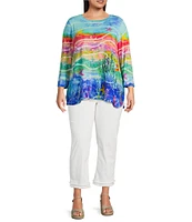 Ali Miles Plus Size Knit Aquatic Style Print Round Neck 3/4 Sleeve Tunic