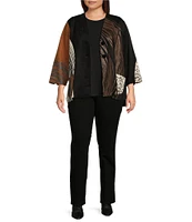 Ali Miles Plus Size Knit Faux Suede Abstract Patchwork Print Stand Collar Long Sleeve Button-Front Jacket