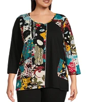 Ali Miles Plus Size Knit Geo Patchwork Print V-Neck 3/4 Sleeve Tunic