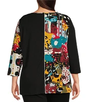 Ali Miles Plus Size Knit Geo Patchwork Print V-Neck 3/4 Sleeve Tunic