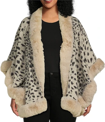 Ali Miles Plus Size Knit Jacquard Animal Print Plush Trim Open-Front Kimono