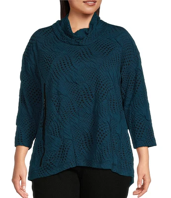 Ali Miles Plus Size Knit Jacquard Cowl Neck 3/4 Sleeve Hi-Low Hem Tunic