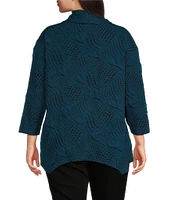 Ali Miles Plus Size Knit Jacquard Cowl Neck 3/4 Sleeve Hi-Low Hem Tunic