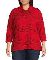 Ali Miles Plus Size Knit Jacquard Cowl Neck 3/4 Sleeve Hi-Low Hem Tunic