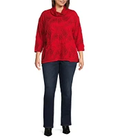 Ali Miles Plus Size Knit Jacquard Cowl Neck 3/4 Sleeve Hi-Low Hem Tunic