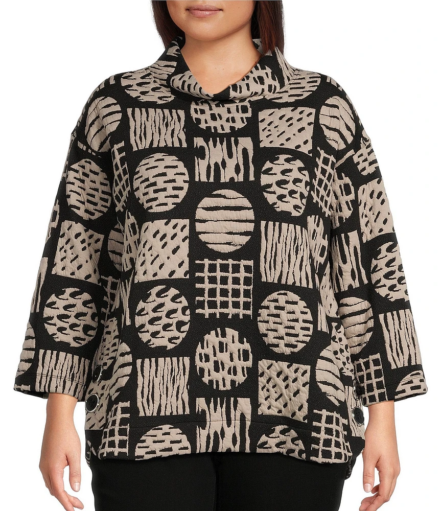 Ali Miles Plus Size Knit Jacquard Geometric Abstract Print Mock Neck Long Sleeve Popover Tunic