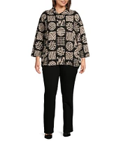 Ali Miles Plus Size Knit Jacquard Geometric Abstract Print Mock Neck Long Sleeve Popover Tunic