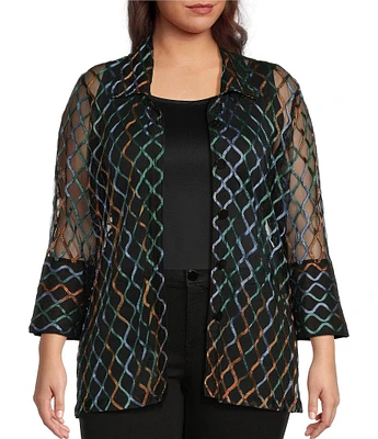 Ali Miles Plus Size Knit Mesh Embroidered Collared 3/4 Sleeve Jacket