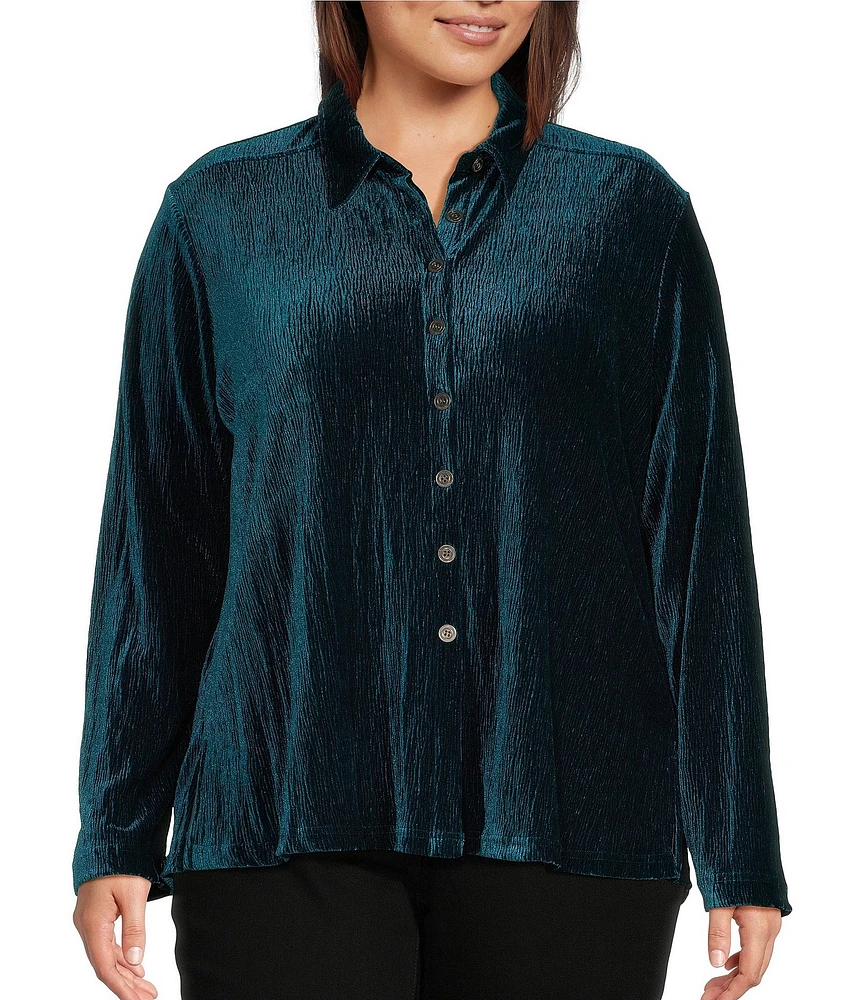 Ali Miles Plus Size Knit Pleated Velour Point Collar Long Sleeve Button Front Shirt