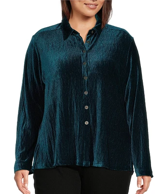 Ali Miles Plus Size Knit Pleated Velour Point Collar Long Sleeve Button Front Shirt