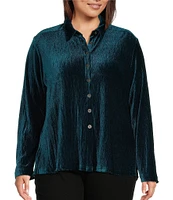 Ali Miles Plus Size Knit Pleated Velour Point Collar Long Sleeve Button Front Shirt