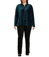 Ali Miles Plus Size Knit Pleated Velour Point Collar Long Sleeve Button Front Shirt