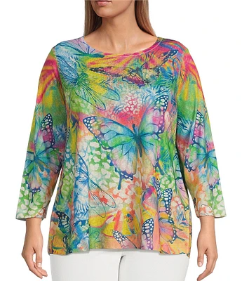 Ali Miles Plus Size Knit Printed Scoop Neck 3/4 Sleeve Tunic