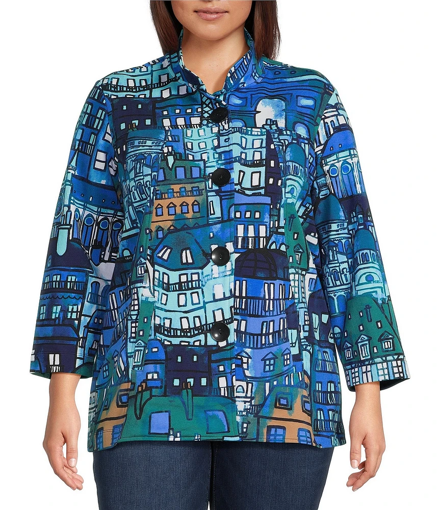 Ali Miles Plus Size Knit Printed Stand Collar 3/4 Sleeve Button-Front Tunic