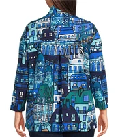 Ali Miles Plus Size Knit Printed Stand Collar 3/4 Sleeve Button-Front Tunic