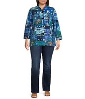 Ali Miles Plus Size Knit Printed Stand Collar 3/4 Sleeve Button-Front Tunic