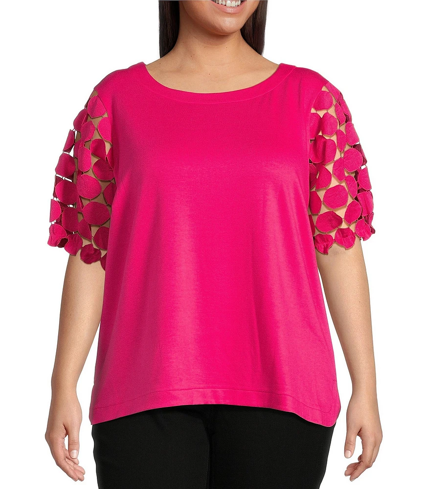 Ali Miles Plus Size Knit Round Neck Short Puff Sleeve Tunic