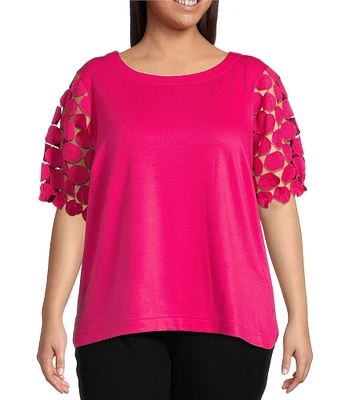 Ali Miles Plus Size Knit Round Neck Short Puff Sleeve Tunic