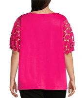 Ali Miles Plus Size Knit Round Neck Short Puff Sleeve Tunic