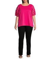 Ali Miles Plus Size Knit Round Neck Short Puff Sleeve Tunic