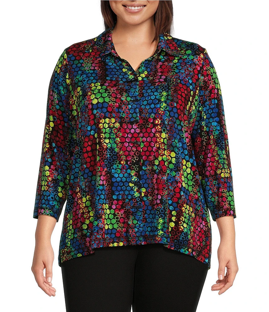 Ali Miles Plus Size Abstract Knit Tile Print Point Collar 3/4 Sleeve Hi-Low Hem Button-Front Tunic