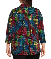 Ali Miles Plus Size Abstract Knit Tile Print Point Collar 3/4 Sleeve Hi-Low Hem Button-Front Tunic