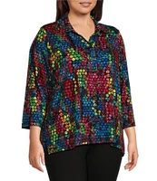 Ali Miles Plus Size Abstract Knit Tile Print Point Collar 3/4 Sleeve Hi-Low Hem Button-Front Tunic