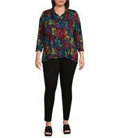 Ali Miles Plus Size Abstract Knit Tile Print Point Collar 3/4 Sleeve Hi-Low Hem Button-Front Tunic