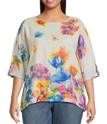 Ali Miles Plus Size Linen Blend Multi Floral Round Neck 3/4 Dolman Roll-Tab Sleeve Tunic