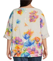 Ali Miles Plus Size Linen Blend Multi Floral Round Neck 3/4 Dolman Roll-Tab Sleeve Tunic