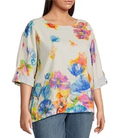 Ali Miles Plus Size Linen Blend Multi Floral Round Neck 3/4 Dolman Roll-Tab Sleeve Tunic