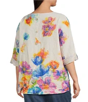 Ali Miles Plus Size Linen Blend Multi Floral Round Neck 3/4 Dolman Roll-Tab Sleeve Tunic