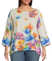 Ali Miles Plus Size Linen Blend Multi Floral Round Neck 3/4 Dolman Roll-Tab Sleeve Tunic