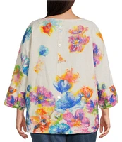 Ali Miles Plus Size Linen Blend Multi Floral Round Neck 3/4 Dolman Roll-Tab Sleeve Tunic